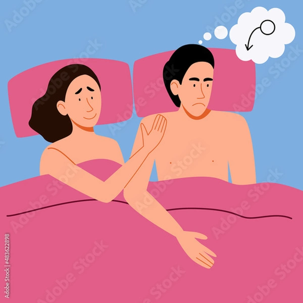 Fototapeta A couple of men and women lying in bed. The concept of a sexual or intimate problem between romantic partners. The girl comforts the guy. Vector illustration in a flat style.