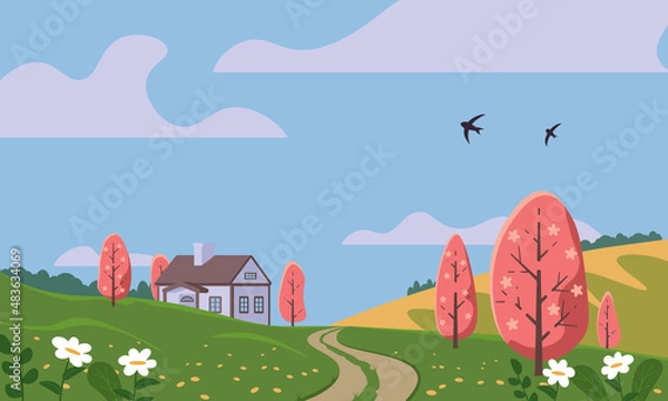 Fototapeta Spring landscape, countryside. A field, hills, flowering trees and a house. Color vector illustration, flat style.