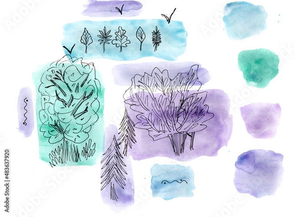 Fototapeta Illustration of the decor of the dish on the sketch with liners and watercolors