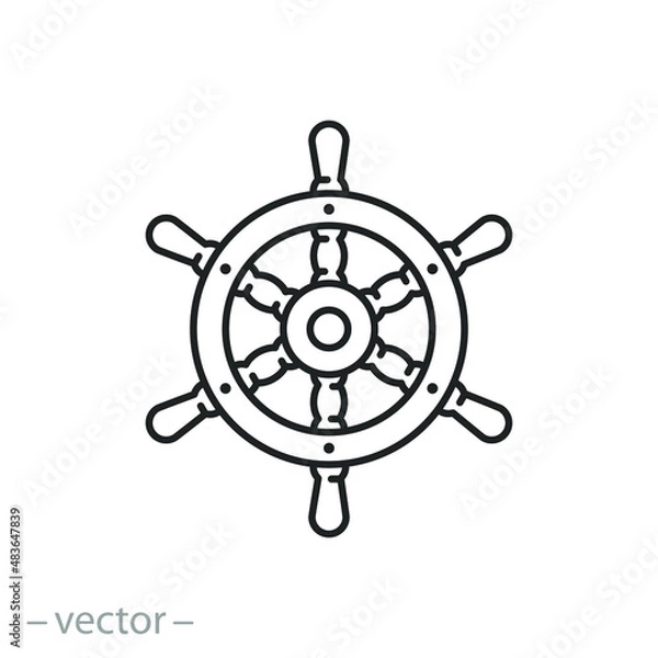 Fototapeta ship steering wheel icon, rudder old boat, sea sailing navy logo, thin line symbol on white background - editable stroke vector illustration eps10