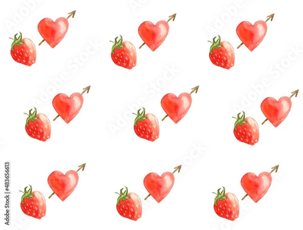 Fototapeta Cute pattern of hearts and strawberries on a white background.
