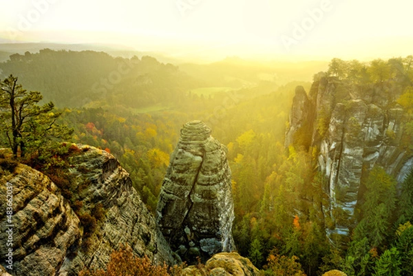 Obraz morning mist at rathen bastei bridge view towards east sunrise
