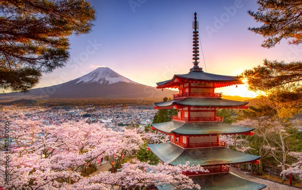 Fototapeta Chureito Pagoda and Fuji Mountain in Spring Season at Sunset, Fujiyoshiada, Yamanashi, japan