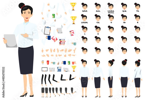 Fototapeta Cute businesswoman character set front, side, back view animated character creation set with various views, face emotions, poses and gestures lip sync for mouth animation posing