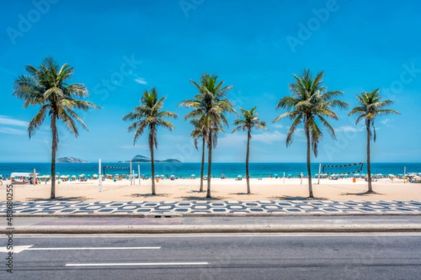 Obraz Palms on Ipanema Beach with blue sky,  Rio de Janeiro, Brazil