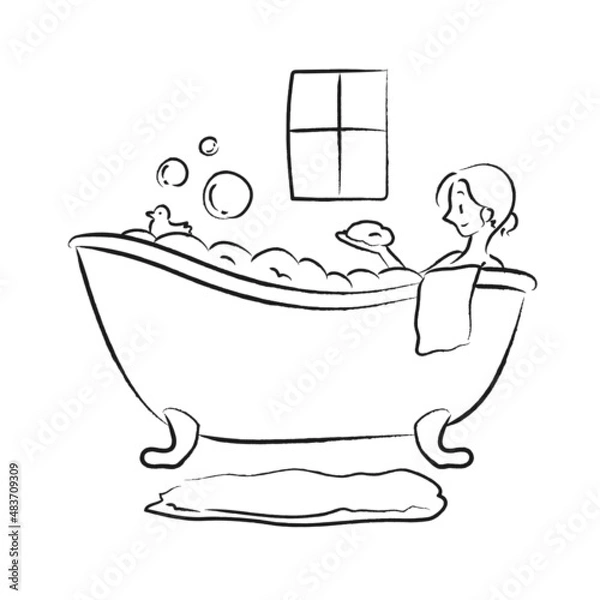 Fototapeta お風呂　入浴　女性　手描き　イラスト