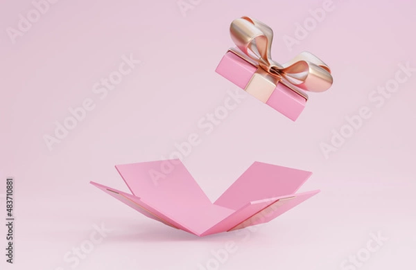 Obraz Happy valentine's day banner with open pink gift box on pink background.,3d model and illustration.