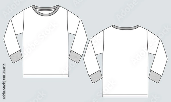 Fototapeta Long sleeve round neck Technical Sketch flat fashion T-shirt front and back view . Apparel dress design CAD Mock up Vector Illustration template.
