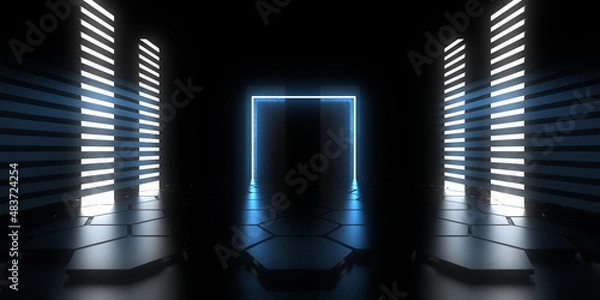 Fototapeta 3D abstract background with neon lights. neon tunnel  .space construction . .3d illustration