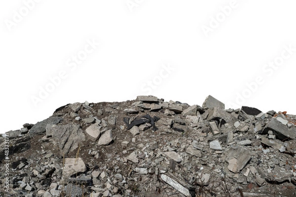 Fototapeta A pile of construction debris with concrete fragments, bricks and slabs isolated on a white background. Background. The cut object