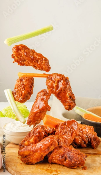 Obraz Falling chicken wings buffalo sauce with carrot and celery sticks. Fried bbq wings in flight. Traditional American cuisine concept.