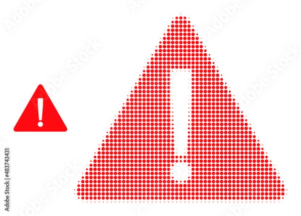 Obraz Warning halftone dotted vector. Warning vector icon mosaic is done from halftone array which contains round elements.
