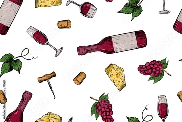 Fototapeta Seamless pattern of winery stuff, color vector illustration