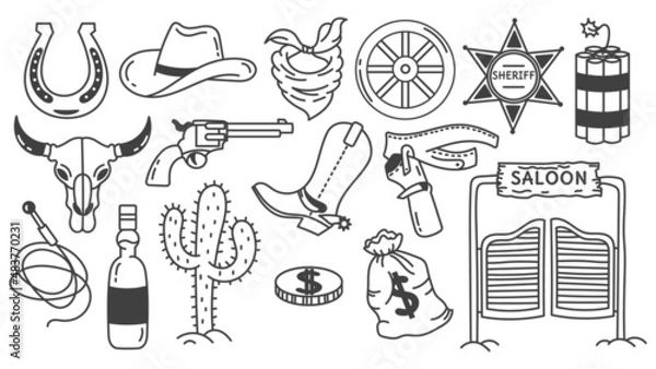 Fototapeta A set of wild west doodle elements. Cowboy boots, hat, saloon, cacti, skull, sheriff's badge. Western. America.
