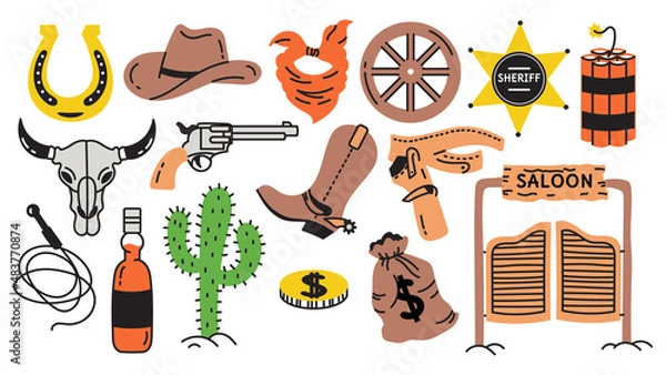 Fototapeta A set of wild west doodle elements. Cowboy boots, hat, saloon, cacti, skull, sheriff's badge. Western. America.