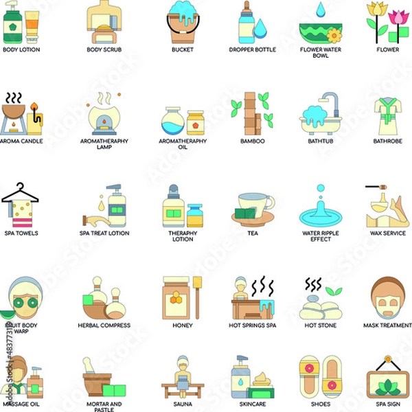 Fototapeta Spa Elements color flat vector icon collection set