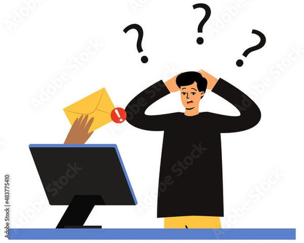 Fototapeta The man received an urgent letter for work. The surprised man holds his head. The man is upset, surprised. The employee is standing at the workplace. Vector illustration