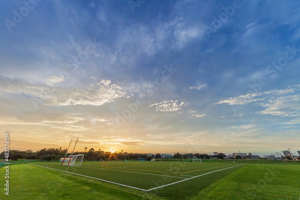 Fototapeta サッカー場　ラグビーグランド　ゴール　野球場　夕焼け　河川敷グランド