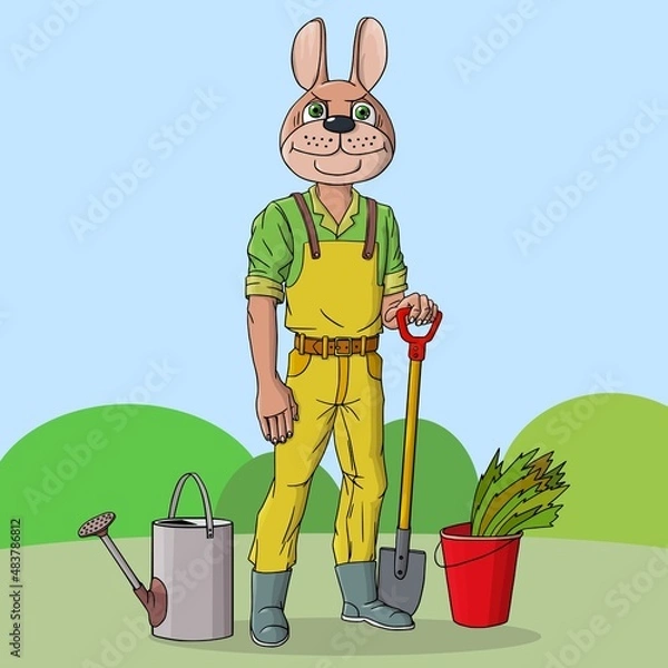 Obraz The rabbit is working in the garden. Grows carrots and various vegetables. Vector illustration.