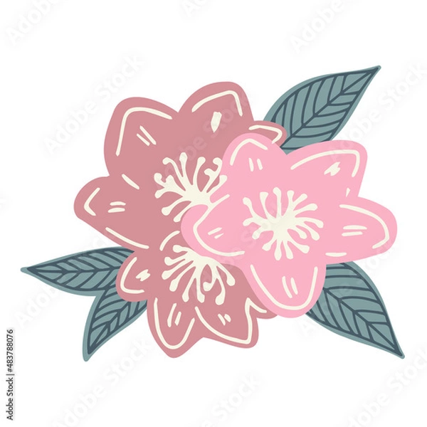 Obraz Isolated vector set of abstract colorful blossoming sakura flowers with green leaves