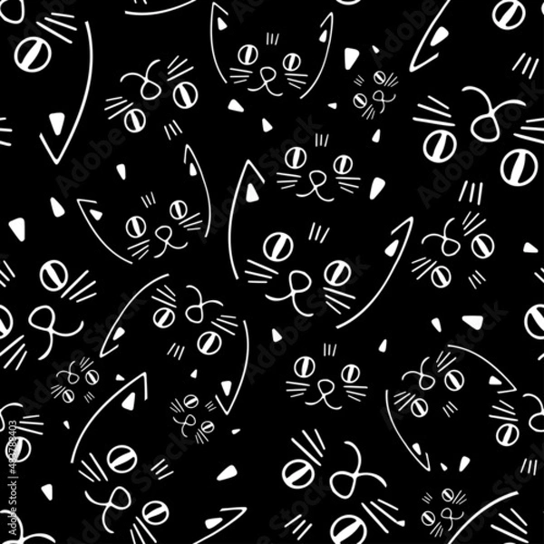 Obraz Seamless black and white vector pattern design of lined ornamental cartoon abstract cats snouts
