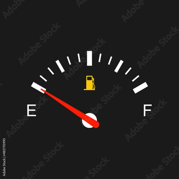 Fototapeta Fuel gauge with warning to indicate low fuel level. Vector illustration of classic gas tank indicator on car dashboard panel. Empty tank of gasoline. Yellow fuel check light.