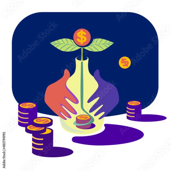 Obraz Money are growing out of a handful of coins. Stacks of coins. Person who grows money in a bottle.Business metaphor. Economics. Growing money.