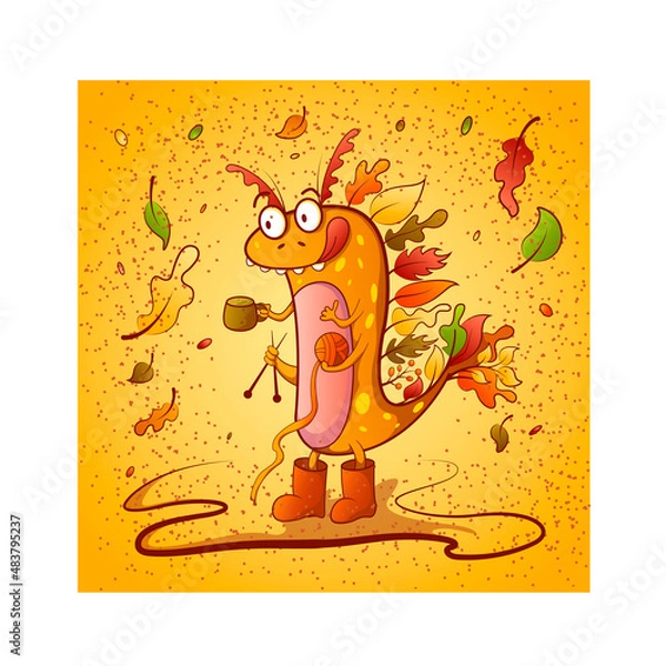 Fototapeta Character design autumn monster with a cup of tea