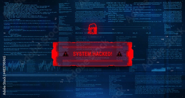Obraz System hacking with info message. Background with a code on a blue background and a virus warning. Concept Malware penetration, virus, data leakage threat, system hacking, scam, ddos Vector background