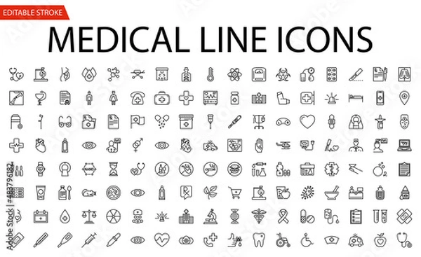 Fototapeta Medical Icons Set. Line Icons, Sign and Symbols in Flat Linear Design Medicine and Health Care with Elements for Mobile Concepts and Web Apps. Collection Modern Infographic Logo and Pictogram