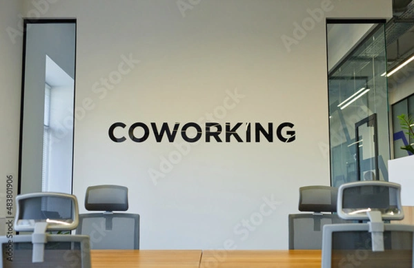 Fototapeta Background image of coworking space interior with meeting table and ergonomic chairs, copy space