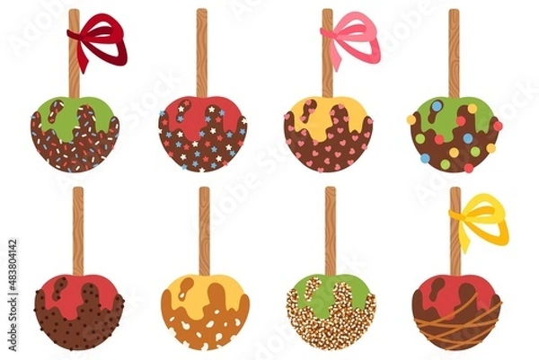 Fototapeta Set of cute hand drawn candy apples with chocolate, caramel icing and various sprinkles. Vector holiday design sweets for packaging, card, fabric, label, poster, wallpaper, print, wrapping paper.