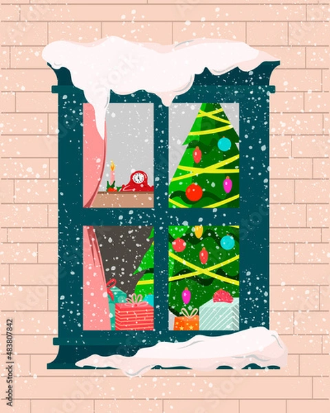 Fototapeta Vector illustration of a view from the window of a Christmas tree and Christmas