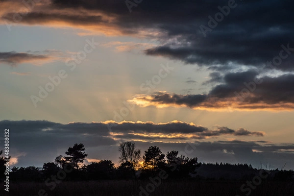 Fototapeta A colorful picture of the sun setting behind the trees with clouds in the sky and orange rays of light. 
