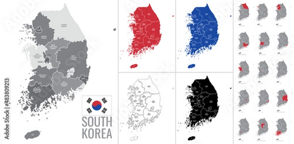 Obraz Detailed vector map of regions of South Korea with flag