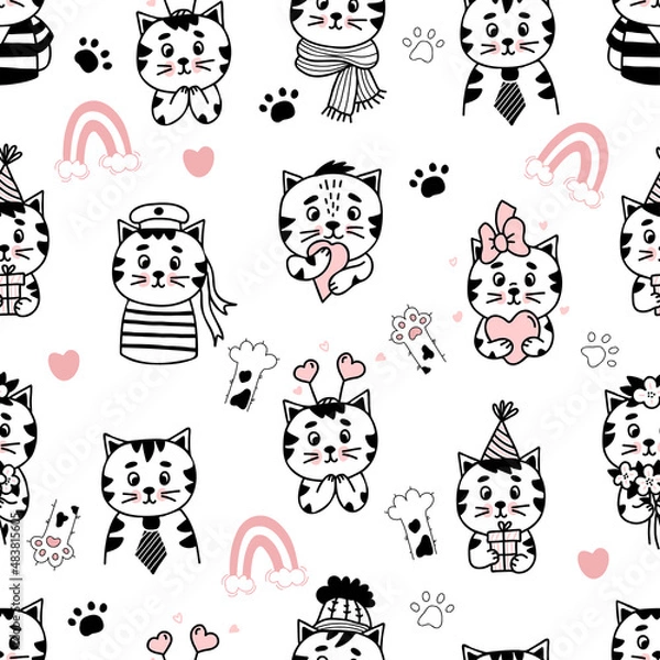 Fototapeta Cute seamless feline pattern. Funny beautiful cartoon icons of cats characters on white background with rainbow and hearts. Vector illustration in hand drawn linear doodle style For design and decor 