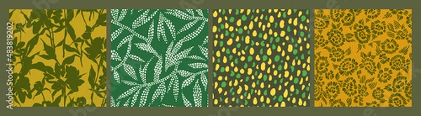 Fototapeta Set of simple floral seamless patterns. Meadow plants, leaves, leaf and daisy flowers collection in yellow green colors. Spotted texture print. Botanical collage in modern flat style.
