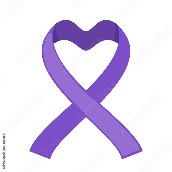 Fototapeta Purple ribbon icon in shape of heart in flat style isolated on white background.