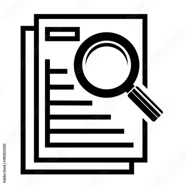 Obraz Audit, analytics, document analysis. Report on the results of the documentation check. A sheet of paper is examined with a magnifying glass. Solid black vector icon isolated on white background