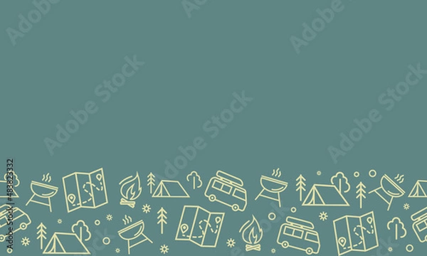 Fototapeta Camping seamless vector pattern. Outdoor recreation, hike horizontal banner with outline icons of campfire, tent, truck, map, barbecue and forest. Design for web page poster, wallpaper, packaging