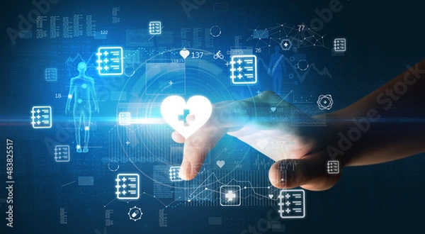 Fototapeta Doctor hand pressing futuristic health device with medical symbol on screen
