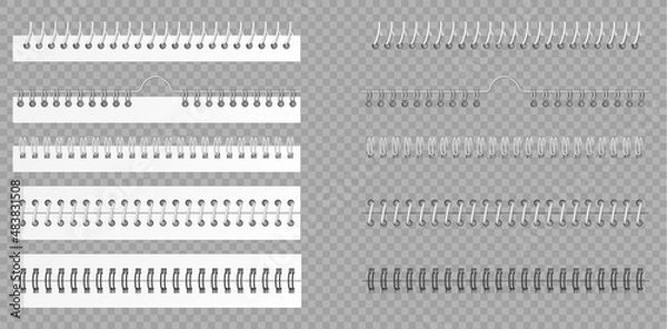 Fototapeta Metal binders set. Realistic spiral coils for notebook. 3d fastening sheets and sketchbook bindings
