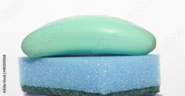 Obraz Concept of cleaning of premises, offices and houses. This is a tool to guide cleanliness. Soap, sponges, rags.