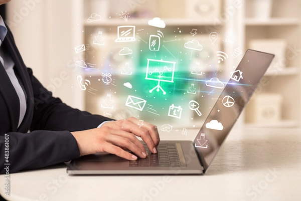 Fototapeta Businessman working on laptop with new business concept