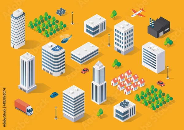 Obraz Izometryczny budynek miejski w płaskim stylu