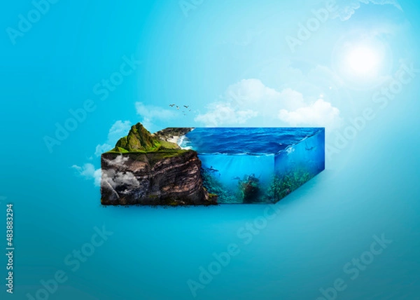 Obraz A piece of the island in space, 3D illustration in space. Sea, land, island 3d illustration.