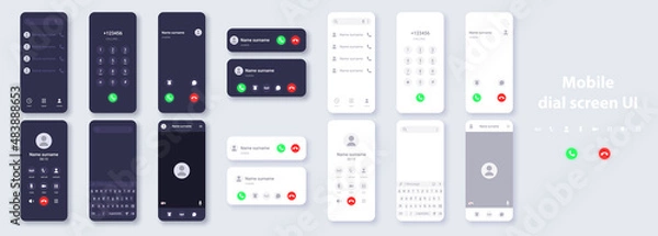 Fototapeta Smartphone user interface dark and light theme concept template. Design of contacts, dialer, call, video call, keyboard for typing messages on phone display.