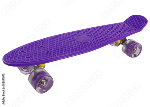 Obraz purple skateboard with a plastic deck and silicone wheels, on a white background, diagonal arrangement