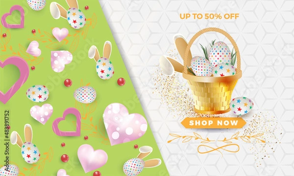 Fototapeta Beautiful Easter basket with  hearts. Vector illustration.  Can be used for template, banners, wallpaper, flyers, invitation, posters, brochure, voucher discount. Vector illustration 