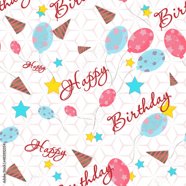 Fototapeta Happy Birthday seamless pattern  with balloons and stars. Vector illustration. Design wallpaper, fabrics, postal packaging.